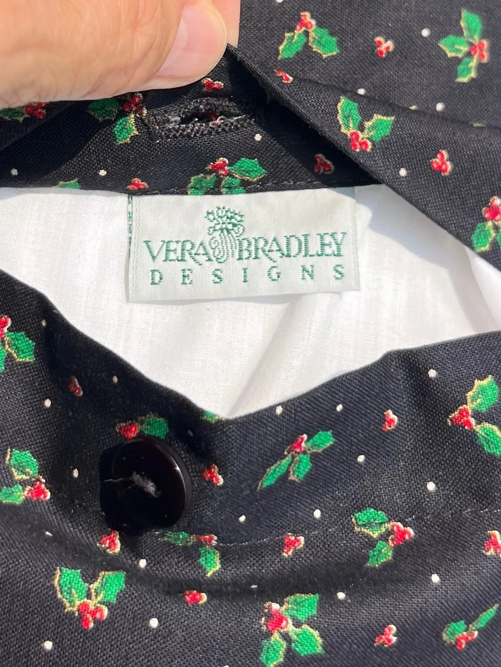 Vera Bradley Black Pillows - Setnof 2 with Red & Green Holly Ribbon Border.